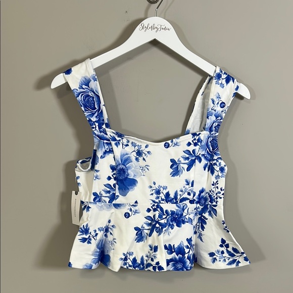 Anthropologie Maeve Square Neck Peplum Tank Top Blue White Pattern Sz S NEW - Picture 4 of 13